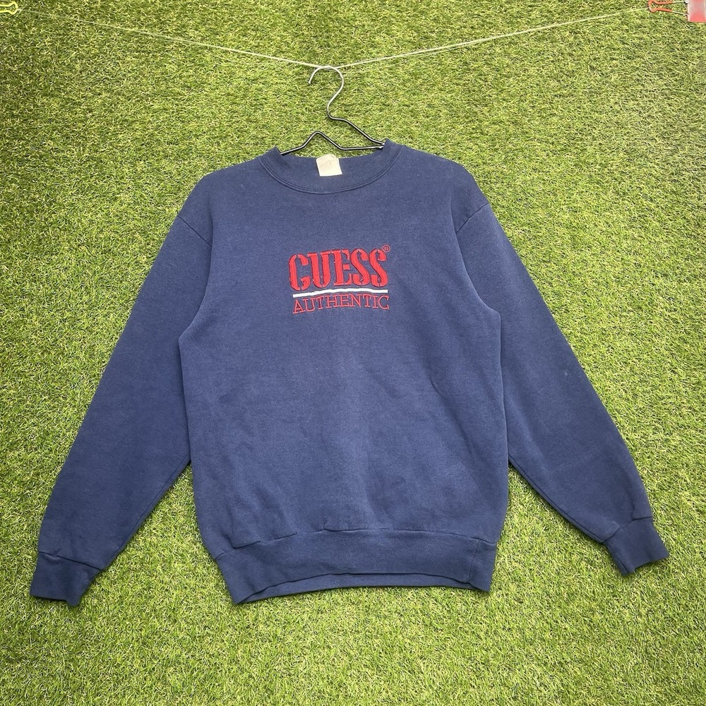 Vintage GUESS Sweatshirt Mens Medium Embroidered Blue Crewneck 90s USA Made